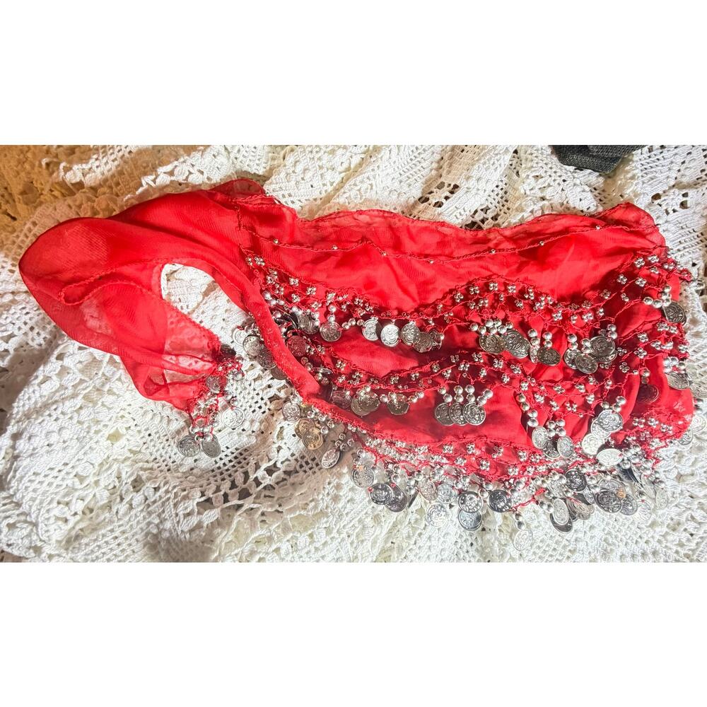 Red Belly Dance Hip Scarf Coin Wrap Sheer Chiffon Silver Tone Coins Used - Picture 13 of 16